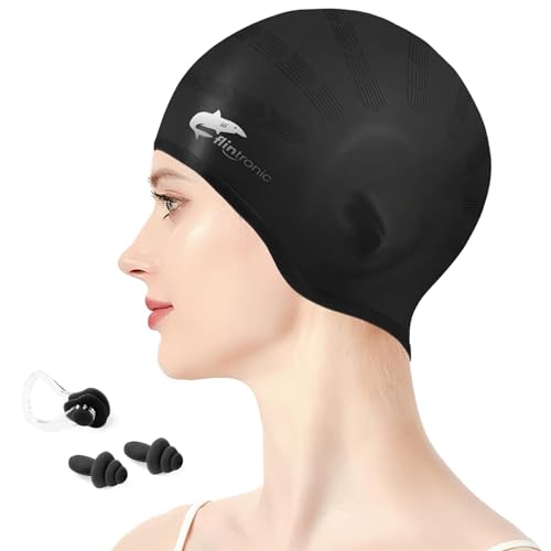 flintronic Gorro de Baño, Gorro Piscina Protecion de Oido 3D,Gorros de Natación de Silicona para Nadadores con Clip Nasal y Tapones para los Oídos -Negro