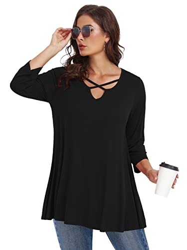 Larace Criss Cross Tops For Women 3/4 Sleeve V Neck T-Shirts Plus Size Tunic For Leggings Casual Fall Clothes(Black 3X) #TOP3