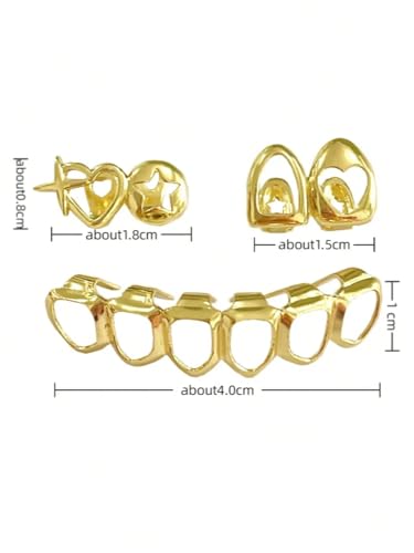 3PC Gold Grillz Set Open Face Hip Hop Teeth Jewelry Gold Plated Dental Caps for Top Bottom Removable Grills for Men Women (gold)4