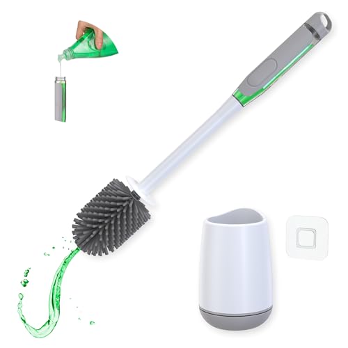 Escobilla Baño con Dispensador Jabon - Escobilla Recargable Inodoro - Escobillas de Baño de Silicona Rellenable de Jabón - Escobillero de Suelo o Pared con Soportes Adhesivos y Bandeja Extraíble Gris