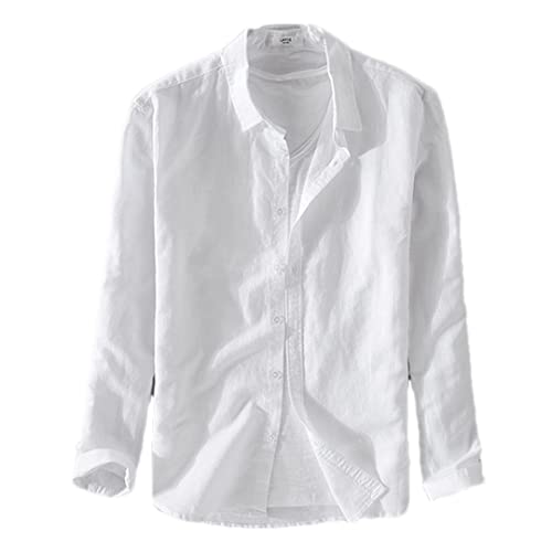 Chemise en lin et coton hommes col rabattable chemisier blanc uni XXL