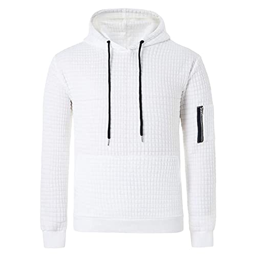 Maiyifu-GJ Men's Plaid Jacquard Pullover Hoodies Long Sleeve Gym Hooded Sweatshirts Casual Drawstring Hoodie with Pocket (White,Large)