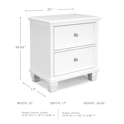 Image of Signature Design by Ashley Fortman White Nightstand, 2 Drawer Storage, Hardwood Solids and MDF Construction, Traditional Wood Bedside Table, 25 inch W