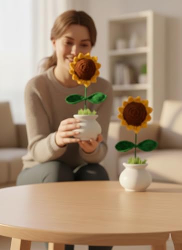 Image of Handmade Crochet Sunflower Pot - Eco-Friendly Knitted Flower Plant, Perfect Decorative Piece for Home, Office Table & Gifting Purpose (Brown)
