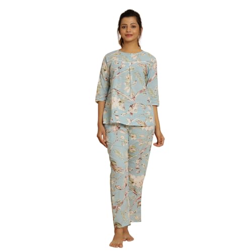 Image of SANSKRUTIHOMES Women's Premium 100% Cotton Printed Co-Ord Set | Short Sleeve Shirt & Pant Set | Pink Checkered Sun & Palm Tree Print | Casual Summer Resortwear, Vacation Wear & Comfortable Loungewear