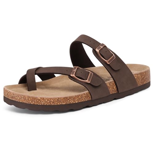 Image of KIDMI Women's Cork Footbed Sandals with Toe Loop, Comfortable Summer Slip-On Slides with Adjustable Buckle