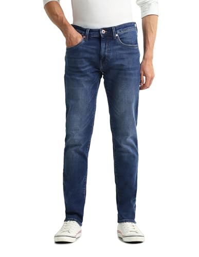 Image of Men's Dark-Blue Solid Mid Rise Light Button Stretchable Cotton Blend 1050 Men's Jeans (UDJEN1274 Dark-Blue 30)