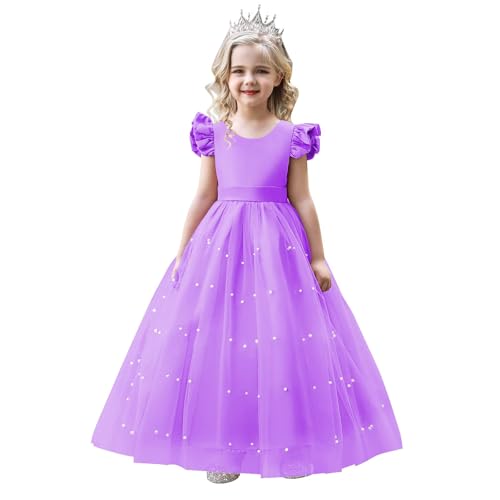 Girl Formal V-Back Satin Flower Girl Dress Girls Dresses for Wedding Flying Sleeve Pearls Tulle Girls Prom Ball Gown Princess Dresses Lavender