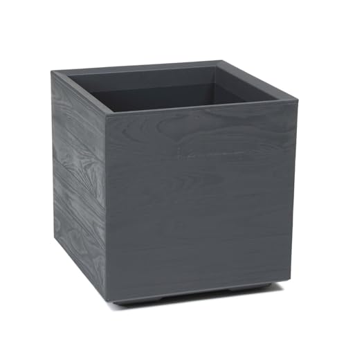 Pflanzkübel mit Rollen 40 cm, 36L – Blumentopf aus Kunststoff in Holzoptik – Übertopf mit Wasserablauf – Modern für Innen & Außen - Wetterfest & Pflegeleicht, Antrazit