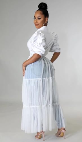 Image of Ekaliy Women's Casual Mesh See Through Shirts Long Dresses with Belt V Neck Button Down Club Party Outfit