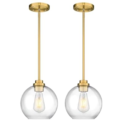 Audickic 2 Pack Pendant Lights Kitchen Island, 8" Gold Pendant Light Fixtures with Globe Clear Glass Shade, Modern Brass Kitchen Island Lighting for Bathroom, AD-22280-2PL-GD