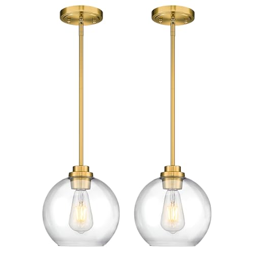 Image of 2 Pack Pendant Lights Kitchen Island, 8 inch Gold Pendant Light Fixtures with Globe Clear Glass Shade, Modern Brass Kitchen Island Lighting for Bathroom, AD-22280-2PL-GD