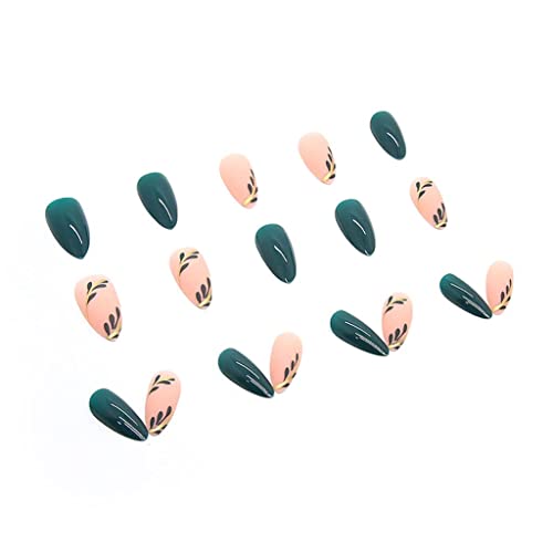 Almond Press On Nails Green Leaf False Nails Medium Almond Shaped Full Cover Stick On Nail Artificial Glossy Acrylic Fake Nails Diy Manicure Decoration For Women 24Pcs #TOP3