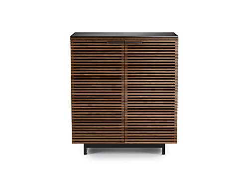 BDI Furniture Corridor 5620-36'' Bar Cabinet with Louvered Doors, Wine and Bottle Storage, Adjustable Shelf, Storage Drawer, Stemware Rack and Glass Top, Natural Walnut