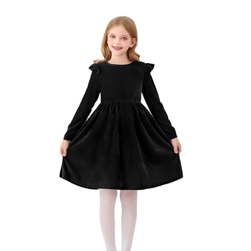 Vestido de terciopelo para niñas, manga larga, acampanado, vestido de fiesta de cumpleaños, vestido de princesa, otoño, invierno, Navidad, vestido casual con vuelo, Negro, 5-6 años
