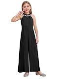 Yruioon Mono festivo para niña, con cuello halter, pantalones de pierna ancha, para bodas, comuniones, fiestas de cumpleaños, Negro , 122-128