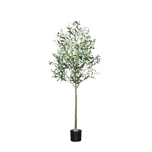 5FT(60″ in) Artificial Olive Tree with Silk Leaves Fake Potted with Realistic Natural Wood Trunk and Fruits Faux Plants Modern Indoor Home Office Decor for Living Room Bedroom Stairs Housewarming