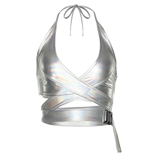 Mocure Womens Metallic PU Leather Crop Tops Backless Strappy Criss Cross Halter Tops Rave Club Festival Top Clubwear by Mocure - Image 5