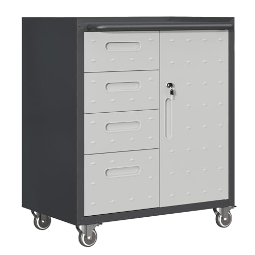 podafu Metal Tool Cabinet with Wheels, Garage Storage Cabinet with 4 Drawers and 1 Door, Small Locking Steel Rolling Storage Cabinet for Garage, Assembly Required, 29.53