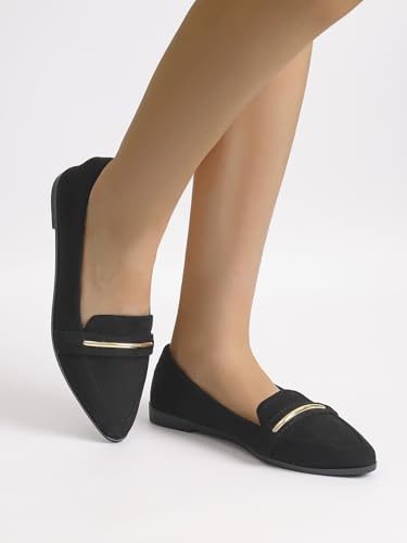 Image of Pointy Toe Penny Loafers for Women Dress Office Work Flats Shoes | Comfortable Women's Faux Suede Leather Slip On Flat Loafers for Driving Business Casual Cute Ballet Shoes