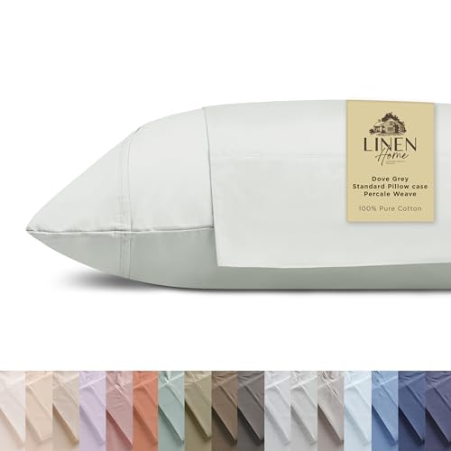 Linen Home 100% Cotton Percale Pillowcases Queen Size, Dove