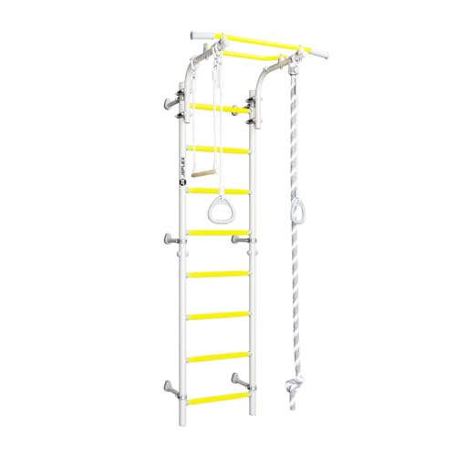 JEFLEX Espalier blanc et jaune avec barre de traction réglable - Station de fitness robuste pour chambre d'enfant - Montage simple et polyvalent - Accessoires muraux d'escalade de qualité supérieure