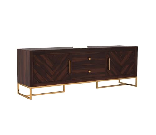 Image of Premium Solid Sheesham Wood TV Unit with 2 Drawers, 4 Shelves, and 2-Door Storage - Accommodates up to 65-Inch TV - Ideal for Living Room (Asher, Walnut Finish)