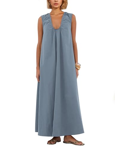 Image of Women Flowy Maxi Dress Ruched Sleeveless Long Dress Vacation Fashion Summer Casual Loose Fit Sundress with Pockets