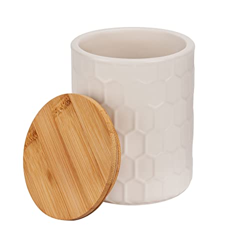 WENKO Tarro de almacenamiento Maya de cerámica blanca de calidad con estructura de panal, tarro apto para el lavavajillas con tapa hermética de bambú, certificado FSC®, 400 ml, Ø 9,5 x 12 cm