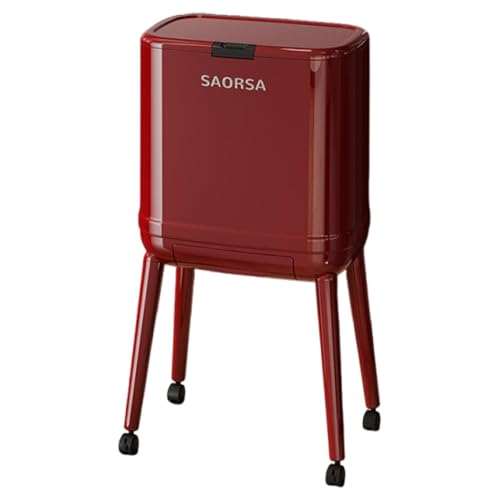 Ioensy Pattumiera da Bagno con Apertura a Pressione Contenitore Rifiuti con Coperchio Bidone Spazzatura Doppio Strato con Cassetto Inferiore Cestino con Ruot, Rosso