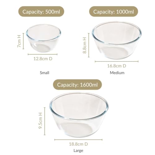 Image of Nestasia Set of 3 Borosilicate Glass Mixing Bowls for Kitchen (500ml, 1000ml, 1600ml), Oven & Microwave Safe, Dishwasher & Freezer Safe Transparent Serving Bowl Set