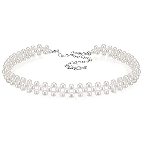 UCUNJIA 1 PCS Collier ras du cou avec perles synthétiques rondes pour bal de fin d'année, festival, bijoux, collier de perles artificielles vintage, accessoires de costume pour femme Cover