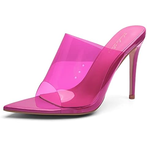 Zhabtuc Womens High Heel Sandals, Clear Perspex Slide Stiletto Sandals Sexy Pointed Open Toe Transparent Strap High Heels Mules for Party Wedding, Hot Pink UK Size 4.5 Cover