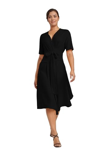 Image of Comfortable Dresses for Women Stretchy Flattering Fit Wrap Dress V Neck Short Sleeve Tie Waist Daily Wear Work Vacation