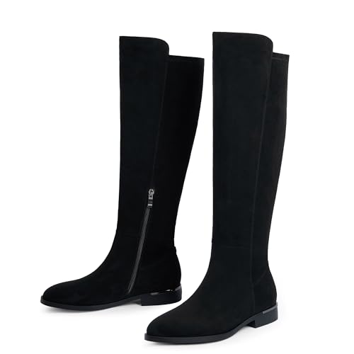 Image of Modatope Rounded Toe Flat Stretchy Dress Knee High Boots Side Zipper | Suede Elastic Fall Winter Boots, Low Chunky Block Heel Riding Boots,2026 Fashion Womens Tall Long Boots