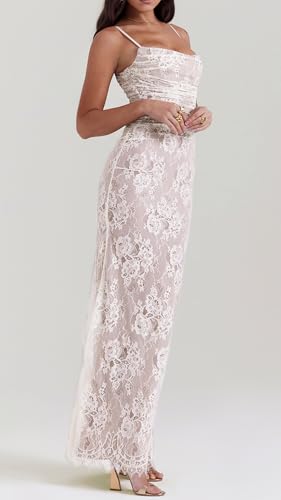 Women Vintage Cream Lace Maxi Dress Romantic Long Sleevees Lace Bodycon Dress White S - Thumbnail 4