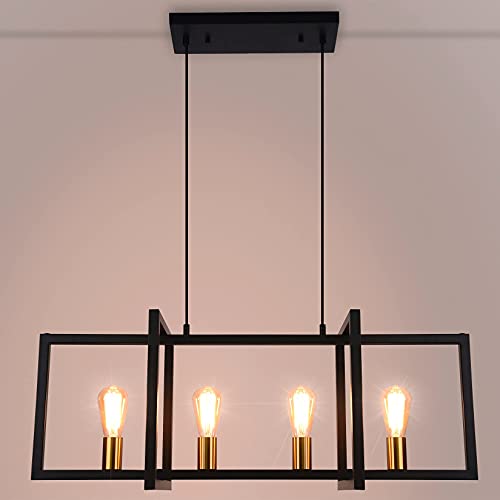 Heircido Pendant Light Fixtures For Kitchen Island, Modern Rectangle Chandelier Pendant Light, Industrial Farmhouse Hanging Ceiling Light Fixtures, Height Adjustable (4 Lights-Black & Gold) #TOP1