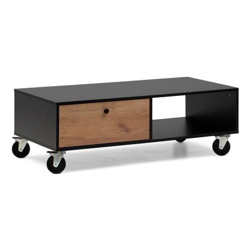 BOX FURNITURE Mesa de Centro Industrial con Ruedas, 110x55x38 cm, Negro y Roble, con Cajón y Balda Abierta