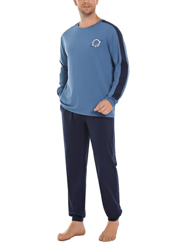Crewhpo Schlafanzug Herren Lang Baumwolle Zweiteiliger Pyjama mit Rundhalsausschnitt Einfarbiger Schlafanzüge Männer Warm Nachtwäsche Langarm Loungewear Winter
