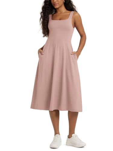 Image of ODODOS Square Neck Midi Dress with Pockets for Women Summer Casual Sleeveless Sundress Flare Tank Dress