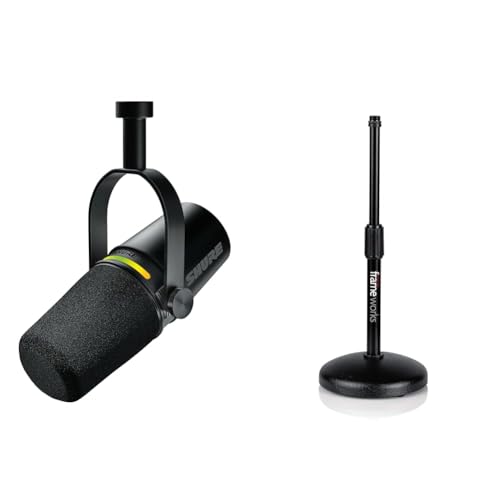 Image of Shure MV7+ Podcast Microphone. Enhanced Audio, LED Touch Panel, USB-C & XLR Outputs, Auto Level Mode & Gator Frameworks Desktop Microphone Stand with Round Weighted Base & Adjustable Height