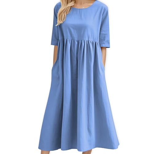 newhsy Summer Dress for Women, Crew Neck, Short Sleeve, with Pockets, Midi, Light Blue