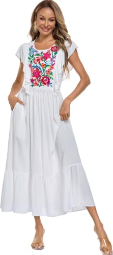 Image of Women's Summer Maxi Dress Casual Floral Embroidered Round Neck Short Sleeve Ruffle Tiered Dress Flowy Boho Beach Sundress