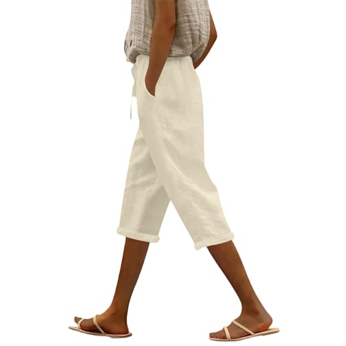 Pantalon court décontracté en mélange de lin pour homme avec taille élastique confortable
