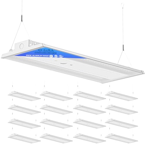 G GJIA 300W LED Linear High Bay LED Shop Lights 16-Pack, 45000LM 0-10V Dimmable 5000K Daylight, Adjustable LED High Bay Shop Lights Lighting Fixtures for Garage Warehouse Workshop, UL