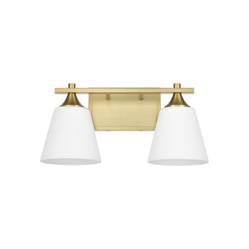 Image of Brass Bathroom Vanity Light Fixtures, 2 Lights Traditional Gold Vanity Lighting Fixture with Opal Glass Shade, Porch Wall Mount Light Fixture for Bathroom, Mirror Cabinets Hallway Stairs, Aged Brass
