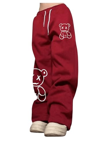 GORGLITTER Men's Graphic Baggy Sweatpants Y2K Bear Print Wide Leg Casual Workout Pants Athletic Uncuffed Trousers Burgundy Medium