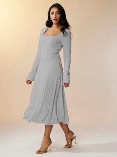 Image of Shasmi Women's Square Neck A-Line Dress - Long Sleeve, Tie Waist, Knitted Stretchable, Casual & Office Outfit, Solid Winter Midi Dress for Women (Dress 221)