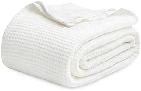 Bedsure 100% Cotton Blankets Queen Size for Bed - 405GSM Waffle Weave Blankets for All Seasons, White Soft Lightweight Woven Blankets, 90x90 inches