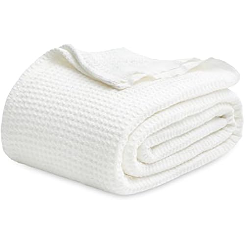 Bedsure 100% Cotton Blanket, Waffle Weave, King Size, White, 104"x90"